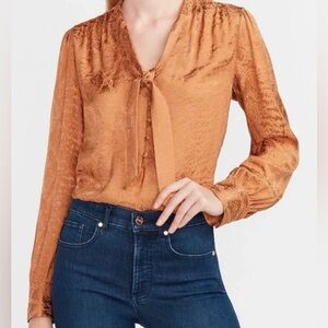 Express Blouse Womens Medium Gold Tan Animal Python Satin Long Sleeve Tie Neck